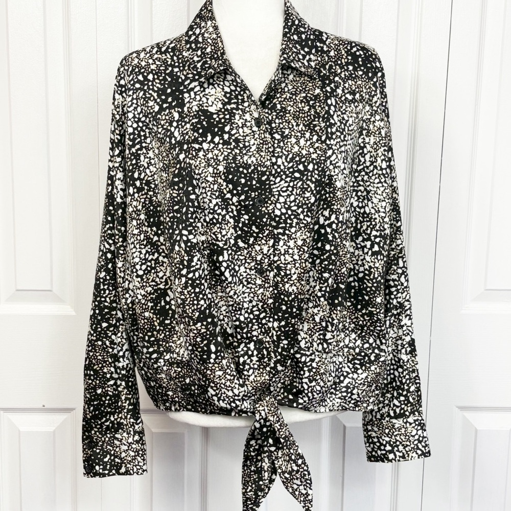 Nine West Black Multi Print Long Sleeve Tie Front Button Up Shirt XL